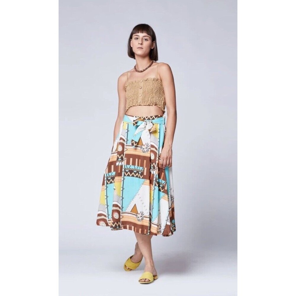 Baci Linen Blend Aztec Patchwork Belted Maxi Skirt Made In Italy Size Small S - Picture 2 of 10